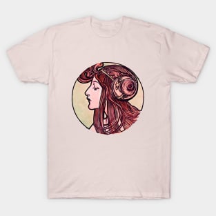 After Mucha Watercolor Woman Profile Spiral Medallion Art Nouveau T-Shirt